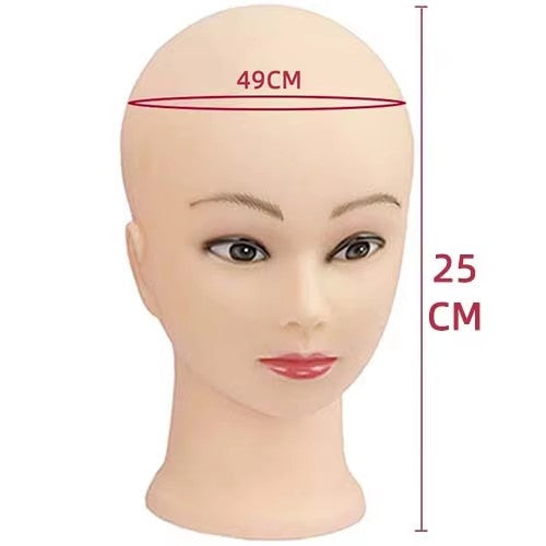 A female bald mannequin head is displayed as a dummy head