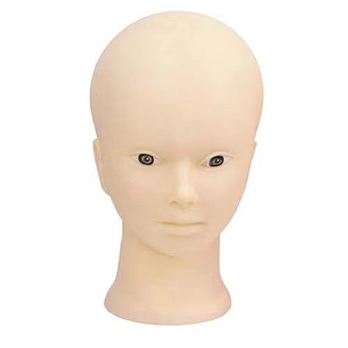 A female bald mannequin head is displayed as a dummy head