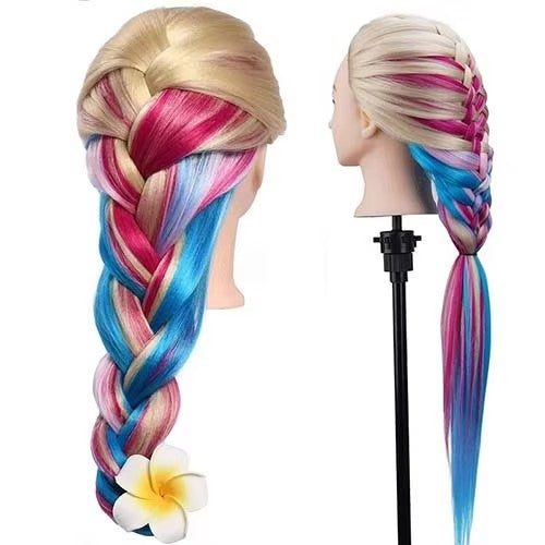 Colorful wig head model for practice braiding and updo hairstyles